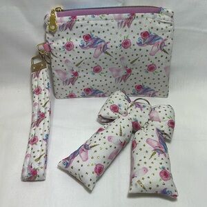 Handmade Floral & Unicorn Print Clutch Wristlet & Bow Key Chain